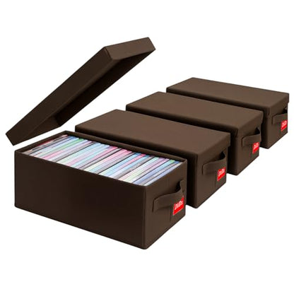 DVD Storage Box 4 Pack – Brown Sturdy Media Organizer with Lids, Holds 25 Standard DVD Cases Each, Stackable Storage Bin for DVDs, CDs, Video Games, and Discs - size: 4Pack