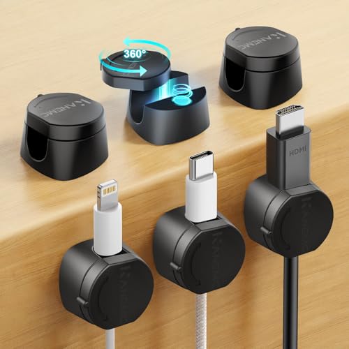 Kanemc 6 Pack Rotatable Cord Organizer,360°Spin Magnetic Cord Holder | Magnetic Cable Clips [1s Lock],Adhesive Cord Management, Phone Cord Holder for Home, Nightstand,Car, Office Desk Accessories - color: BLACK