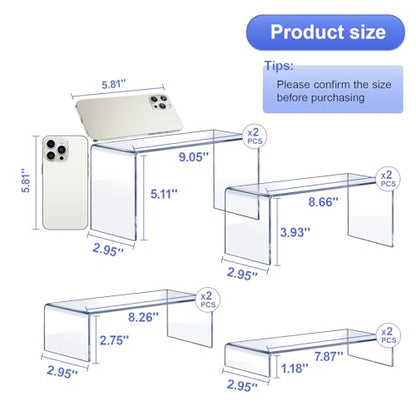 Acrylic Risers 8 Pcs – Clear Rectangular Display for Perfume Organizer, Figures, Jewelry, Dessert Table & Cupcake, 4 Sizes (7", 8", 9")