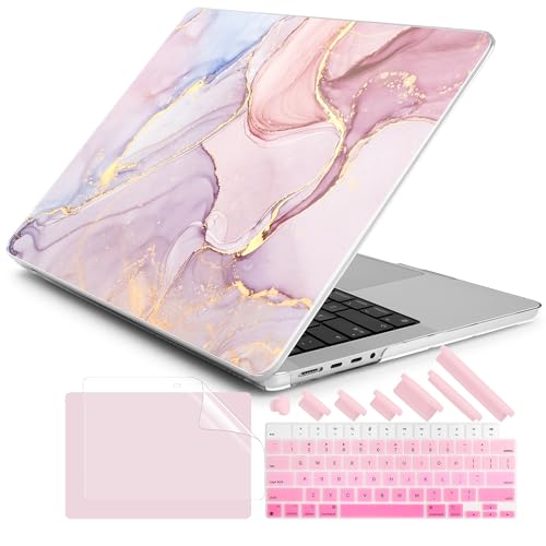 DONGKE Case for MacBook Pro 14 Inch (2026-2021 Release, M5 M4 M3 M2 M1 Pro/Max Chip), Plastic Slim Hard Shell Protective Cover with Keyboard Cover & Screen Protector, Pink Marble - color: Marble X256