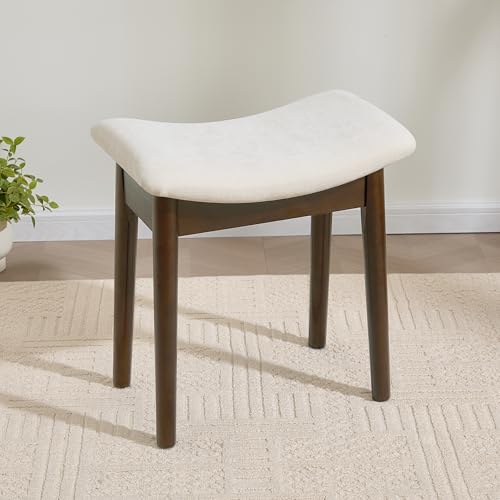 Royal Windsor Vanity Stool with Saddle Cushion, 18 Inch Makeup Vanity Chair for Living Room, Modern Foot Stool Ottoman Piano Bench,Small Upholstered Bench for Bedroom, White - color: 10.2"d White+walnut
