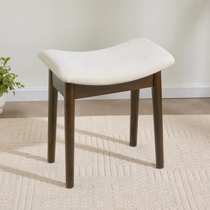 Royal Windsor Vanity Stool with Saddle Cushion, 18 Inch Makeup Vanity Chair for Living Room, Modern Foot Stool Ottoman Piano Bench,Small Upholstered Bench for Bedroom, White - color: 10.2"d White+walnut