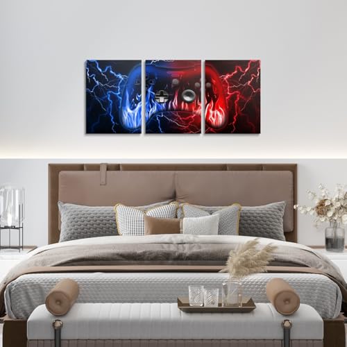 Feelyou Kids Gamer Canvas Wall Art 12" x 16" 3 Piece Gaming Office Wall Artwork Posters for Teens Adults Red and Blue Game Controller Bathroom Wall Art for Home Lightning Geometric Wall Painting - color: Blue and Red Black1