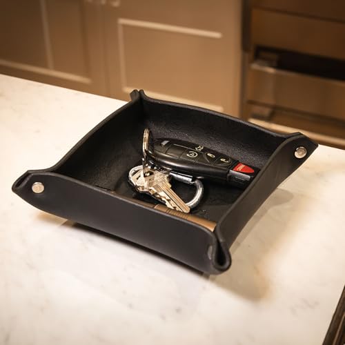 Valet Tray – Full-Grain Leather Catchall Organizer for Keys, Phone & Wallet – Rustic Nightstand & Desk Tray with Raised Sides – Handmade in USA (Black, Small Square) - color: Black, size: Small Square
