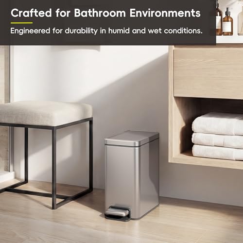 EKO Small Bathroom Trash Can with Lid Soft Close, Step Pedal, 6 Liter / 1.6 Gallon Stainless Steel Garbage Can with Removable Inner Bucket, Anti-Fingerprint Finish (Silver) - color: Stainless Steel, size: 6L