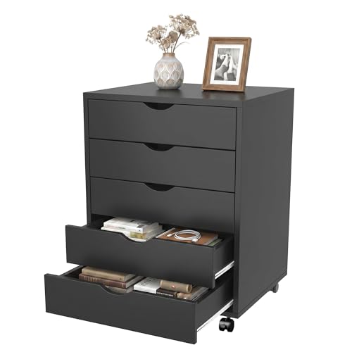 5 Drawer Mobile File Cabinet Under Desk Storage Organization with Wheels Vertical Filing Chest Rolling Wood Small Desk Printer Stand for Home Office, Black - color: Black, size: 15.75"D x 18.74"W x 25.39"H