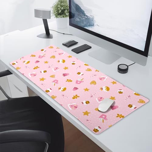 Pink Christmas Gaming Mouse Pad XXL Cute Kawaii Cupcake Gingerbread Extended Big Large Desk Mat Non-Slip Rubber Base Stitched Edge Xmas Holiday Keyboard Mousepad for Computer Laptop,35.4×15.7 Inch - color: Pink Christmas, size: XX-Large