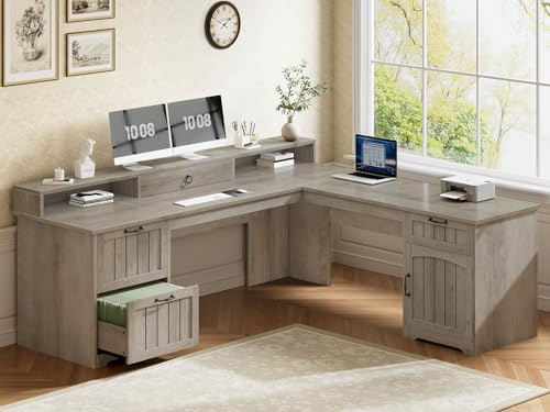 SEDETA 63" L Shaped Desk with Drawers, Farmhouse Corner Computer Desk, Wood Office Desk with File Drawers with Storage, Executive Desk with Monitor Stand and Storage Cabinet, Grey - color: Grey, size: L Shaped Desk (63")