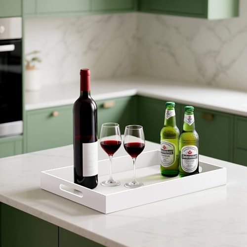 Glossy White Acrylic Serving Tray with Handles-Butler Trays for Coffee Table, Snacks,Breakfast in Bed, Kitchen Countertop,Vanity,Makeup Organizer,Ottoman (White, 12x20 Inches) - color: White, size: 20" x 12" x 2"