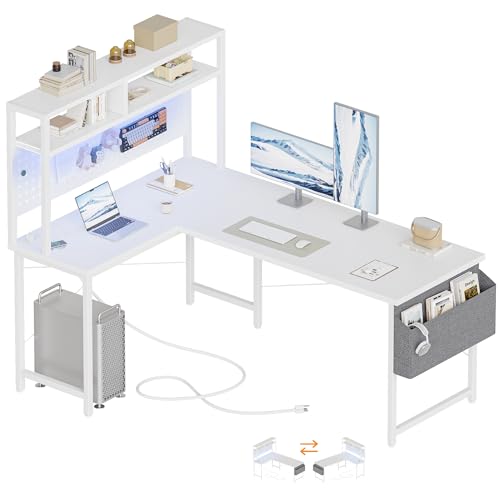 Mericonia 51 inch Large L Shaped Desk with Pegboard Hutch & Shelves, Corner Gaming Desk with Power Outlet, LED Light & Storage Bag, Reversible Computer Desk for Home, Bedroom, Office Workspace, White - color: White, size: 50 inch