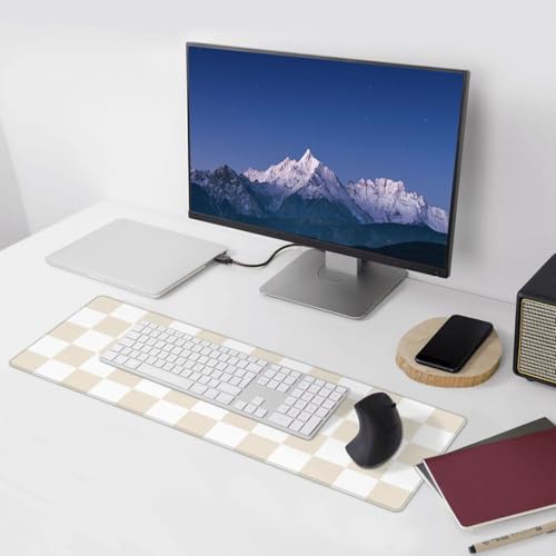 Beige Checkered Aesthetic Gaming Mouse Pad, Large Mouse Pad for Desk Mat XXL XL Mousepad, Big Keyboard Pad Office Desk Accessories Decor - color: Beige Checkered