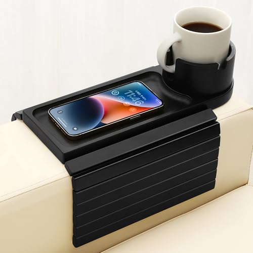 Couch Cup Holder Tray, 15.75" Bamboo Cup Holder for Couch, 3 in 1 Foldable Arm Chair Clip on Side Tray Table for Remote Snack Table on Armrest - color: Black