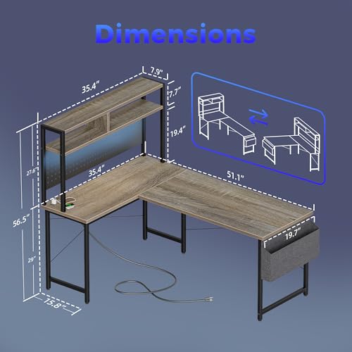 Mericonia 51 inch Large L Shaped Desk with Pegboard Hutch & Shelves, Corner Gaming Desk with Power Outlet, LED Light & Storage Bag, Reversible Computer Desk for Home, Bedroom, Office Workspace, Grey - color: Grey, size: 50 inch