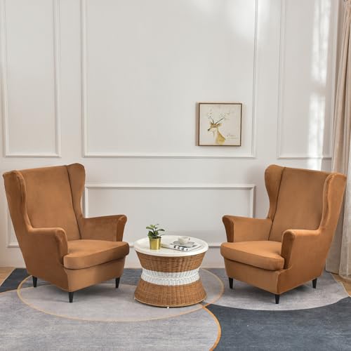 KRFOONN Wingback Chair Cover Slipcovers 2 Piece Stretch Velvet Plush Wing Chair Covers Slipcovers Wingback Sofa Covers Armchair Covers Furniture Protector for Living Room, T14 - color: Color T14