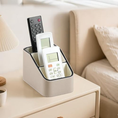 PU Leather Remote Control Holder, Small Desk Organizer Office Supply Bedside Caddy for Nightstand End Table Couch, Pen Remote Organizer with 3 Compartments (Beige) - color: Beige