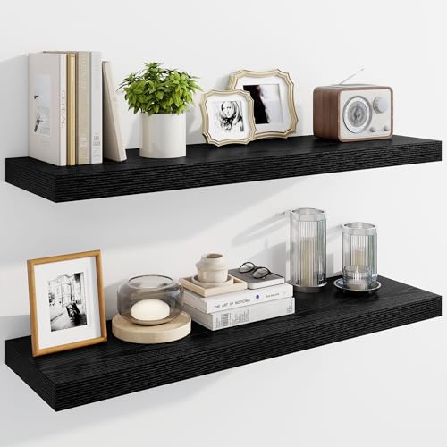 Marsmiles 36" Floating Shelves for Wall, Wooden Shelves with Invisible Brackets Set of 2, Rustic Farmhouse Wall Mounted Shelf for Kitchen Bathroom Living Room Study, Black - color: Black, size: 36"