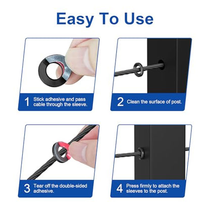 BLIKA 100Pack Black Cable Railing Adhesive Sleeves for 1/8" 5/32" 3/16" Wire Rope Cable, T316 Stainless Steel, 2.8mm Thickness Cable Railing Protector Adhesive Sleeves for Deck Stair Cable Railing Kit - size: Black