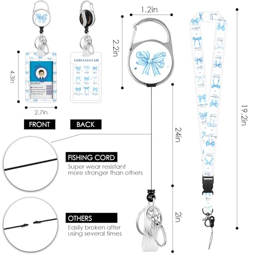 Christian Lanyards ID Badge Women Gifts Bow, God Says I Am ID Badge Holder with Retractable Reel Clip and Keychain, Vertical Identity Badge Cover Case Protector for Teacher Nurse Blue Bow - color: Bow-blue