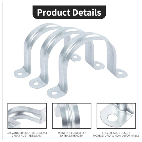 20 PCS 2 Inch Reinforced Rigid Pipe Strap, 2 Holes U Bracket Cable Clamp Hanger, Zinc Coated Tension Tube Clip, Conduits Strap Clamps for Pipe Fixing on Various Surfaces, 20 PCS(50 mm) - size: 2Inch(50mm) 20PCS
