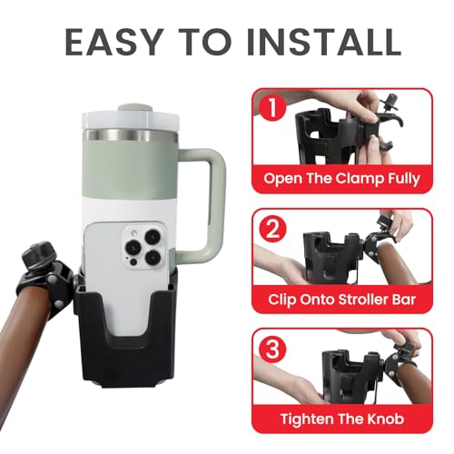 Stroller Cup Holder with Phone Holder - [Upgraded Anti-Slip Grips] Walker Cup Holder, Wheelchair, Stroller Accessories, 2-in-1 Cup Phone Holder for Stroller, Bike, Wheelchair, Walker, Scooter - Black - color: Black-1