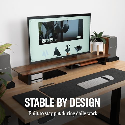 COREMINDED Solid Wood Dual Monitor Stand Riser, 42 Inch Walnut Desk Shelf | Fits 2 Monitors, Sturdy & Stable Solid Wood, Under Monitor Keyboard Storage, Office Desktop Organizer, Easy Assembly, Walnut - color: Walnut