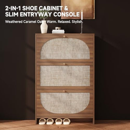 Nicetree Freestanding Ultra Slim Fluted Accent Shoe Storage Cabinet for Entryway - 3 Flip Drawers & 3-Tier Adjustable Shelves, Farmhouse Modern Rustic Shoe Rack for Hallway, Foyer