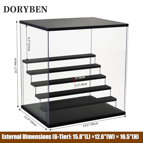 Acrylic Display Case with Adjustable LED Light, 6 Tier Clear Display Box Dustproof Showcase for Action Figures, Collectibles and Mini Toys, Assembly Display Cabinet(Black 15.5*12.5*16.7in) - color: Black, size: 6 Tier 15.8×12.5×16.5in