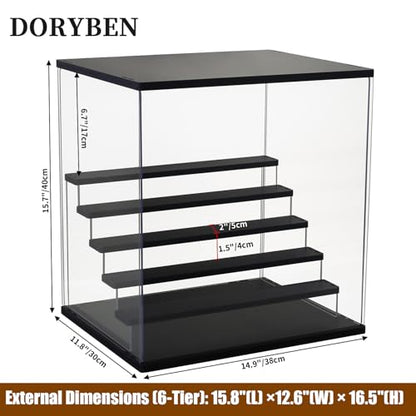 Acrylic Display Case with Adjustable LED Light, 6 Tier Clear Display Box Dustproof Showcase for Action Figures, Collectibles and Mini Toys, Assembly Display Cabinet(Black 15.5*12.5*16.7in) - color: Black, size: 6 Tier 15.8×12.5×16.5in