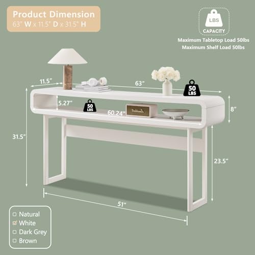IFGET 63-Inch Long Console Table, 31.5" Tall Modern Entryway Table with Open Storage Shelf, Curved Profile Design, Narrow Wood Sofa Table Behind Couch Table for Living Room, Hallway, Foyer, White - color: White