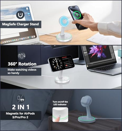 2 Pack Magnetic Wireless Charger Stand 15W Fast Mag-Safe Charger for iPhone iPhone 17 /17 pro/ 17 Air/ 17 pro max 16/15/14/13/12 Series Magnet Wireless Charging Station with Light for AirPods - color: Magnetic Two Pack White