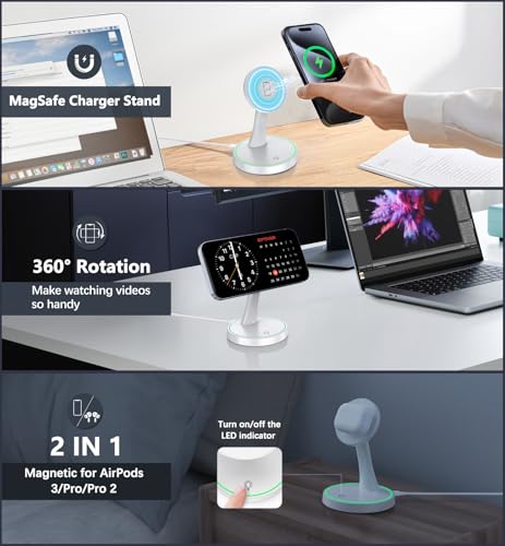 Magnetic Wireless Charger Stand 15W Fast Mag-Safe Charger for iPhone 17 /17 pro/ 17 Air/ 17 pro max 16/15/14/13/12 Series Magnet Wireless Charging Station/Pad with Sleep-Friendly Light for AirPods - color: Magnetic White
