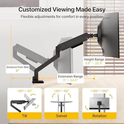 monTEK Single Monitor Arm for Max 45 Inch Ultrawide Screens Adjustable Monitor Desk Mount Holds 35 Lbs Cable Management with Clamp/Grommet Desk Mount, VESA 75/100mm - color: Black, size: without USB