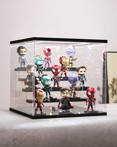 Clear Acrylic Display Case with Light , 5 Tier Display Box Stand Assembly Dustproof Protection Showcase for Collectibles Action Figures (Black 12.6×12.2×11.8in; 32×31×30cm) - color: Black With Light, size: 5 Tier 12.6×12.2×11.8in; 32×31×30cm