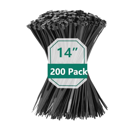 200PCS 14 inch Black Zip Ties 75LBS Tensile Strength Self-Locking heavy duty UV Resistant Cable Tie Wraps for indoor and outdoor use(Black) - color: Black, size: 14inch-200pcs