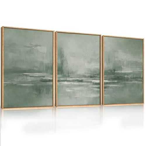 HPNIUB Large Abstract Sage Green Framed Canvas Wall Art Set,Vintage Neutral Brush Stroke Wall Decor, Minimalist Lake Landscape Artwork for Living Room,Bedroom,Office-16 x24 x3 - color: Abstract Sage Green Wall Art, size: 16"L x 24"W