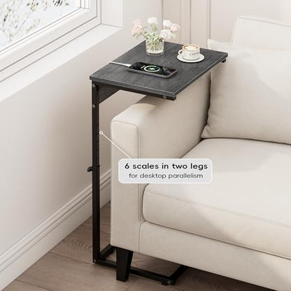 Vagusicc C Shaped End Table with Charging Station, Adjustable Height Side Table for Couch, Small Side Table, 33.2'' Tall Couch Tables that Slide Under, Tv Tray End Table for Living Room, Gray Walnut - color: Gray Walnut (1 Pack), style: With Plug