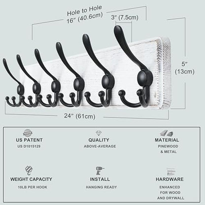 Dseap Coat Rack Wall Mounted - 24" Long 6 Tri Hooks, Heavy Duty Wooden Wall Coat Hanger Coat Hook for Clothes Hat Jacket Clothing, White and Black - color: White & Black, size: L=24"