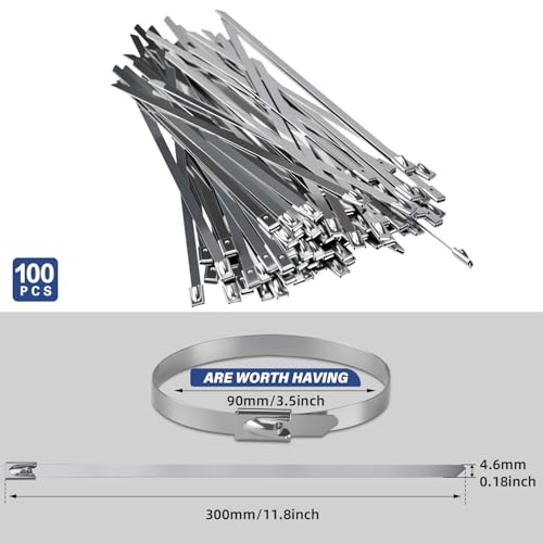 Stainless Steel Zip Ties 100PCS 11.8 Inch Heavy Duty Metal Self Locking Cable Ties for Chain Link Fence, Exhaust Wrap, Thermal Insulation, Outdoor, Industrial Use - style: 11.8 inch Zip Ties