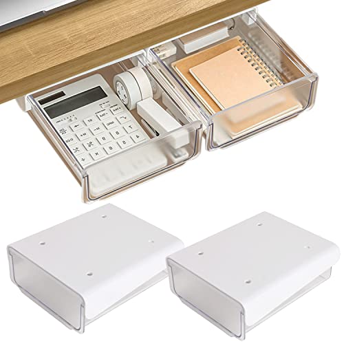 OSPNIEEK Self-adhesive Under Desk Drawer Organizer, 2 Pack Table Hidden Slide Out Large Storage Mounted Desktop Pencil Holder Tray Drawers for Office Home School Stationery Kitchen (White) - color: Matte White, size: Standard