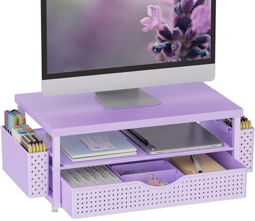 gianotter Desk Organizers and Accessories, Monitor Stand with Drawer and 2 Pen Holder, Desktop Organizer Suitable for Offices and Dormitories (Purple-Plain) - color: Purple-Plain