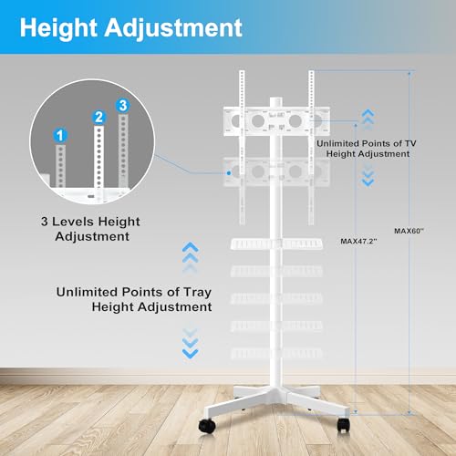 Mobile TV Carts on Wheels for 21-60 Inch Flat/Curved Panel Screens TVs - Height Adjustable Floor Trolley Stand with Shelf Holds up to 77lbs - Max VESA 400x400mm, White - color: White High Quality