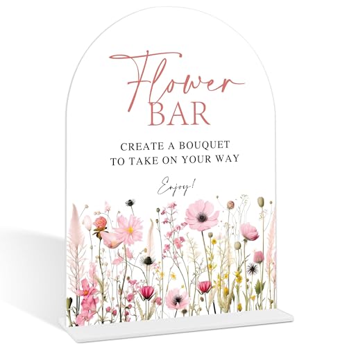 Pink Flower Flower Bar Sign, Flower Bar Supplies, Bridal Shower Decor, Wedding Reception Decorations, Bridal Shower Centerpieces for Tables, Engagement Decor, Arch Acrylic Wedding Sign With Base-3 - color: Flower Bar03