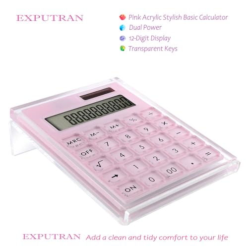 Acrylic Calculator with Stand, Battery and Solar Hybrid Powered Basic Calculator 12-Digit LCD Display,Home Office Desktop Accessories(Pink) - color: Pink