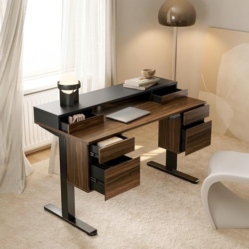 HUANUO Electric Standing Desk with 6 Drawers, 55 Inch Height Adjustable Stand Up Desk with Storage, Computer Workstation Compatible with Monitor Stand for Home Office, Black Walnut - color: Walnut, size: Dual Side Storage