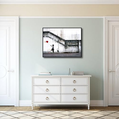 Wieco Art Framed Canvas Wall Art Giclee Canvas Prints of Banksy Grafitti Girl with Red Balloon Abstract Artwork for Wall Decor Home Decorations Black Frame - size: 32"L x 24"W
