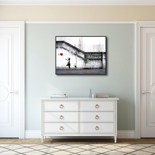 Wieco Art Framed Canvas Wall Art Giclee Canvas Prints of Banksy Grafitti Girl with Red Balloon Abstract Artwork for Wall Decor Home Decorations Black Frame - size: 32"L x 24"W