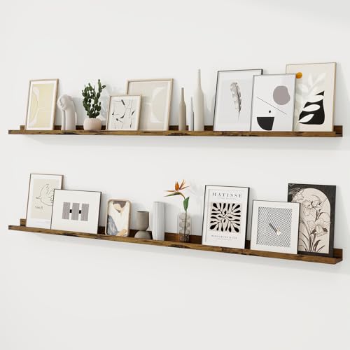 RICHFOCUS Picture Ledge Shelf, 72 inch Floating Shelves Set of 2, Wood Wall Shelves with Lip, Wall Decor Storage for Bedroom Living Room Bathroom Kitchen Nursery Photo Picture, Rustic Brown - color: Rustic Brown, size: 72 Inch, set of 2