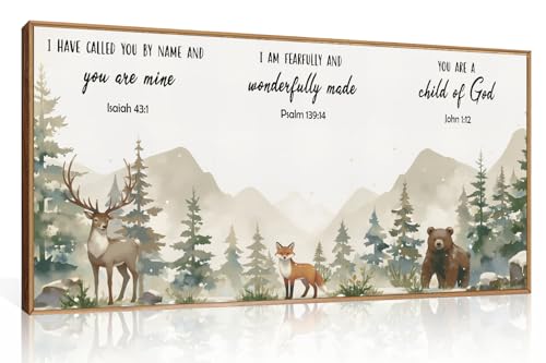 HPNIUB Woodland Animal Christian Framed Wall Art Set,Bible Verse Quote Wall Decor,Nature Forest Religious Art Print,Misty Forest Deer Bear Fox Artwork for Nursery,Kids Bedroom,Study Room-20"x40" - color: Animals&bible Verses Wall Art, size: 40"L x 20"W
