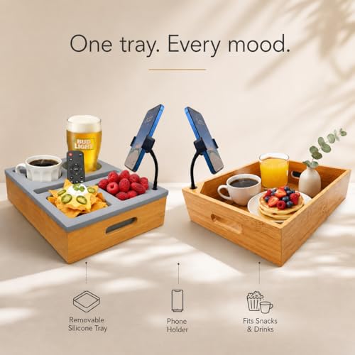 Couch Caddy with Cup Holder | Wood Couch Cup Holder Tray for Drinks, Snacks & Remotes | Sofa Couch Organizer with Phone & Cup Holder Tray (Grey) - color: Grey