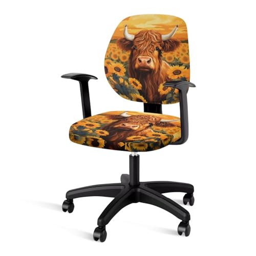 Highland Cow Office Chair Covers Stretchable Desk Accessories Universal Split Rotating Swivel Chair Slipcover Protector Computer Office Chair Seat Cover 2 Piece Office Gifts for Women Men - color: Highland Cow